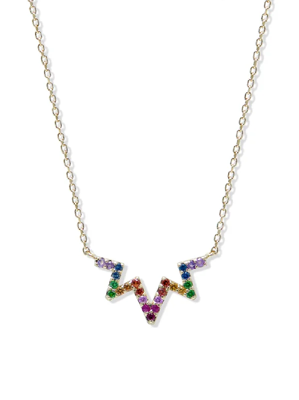 Aztec Starburst Zig Zag Necklace | Multicolor Sapphire | 14K Yellow Gold Off-shoulder Lace Dress