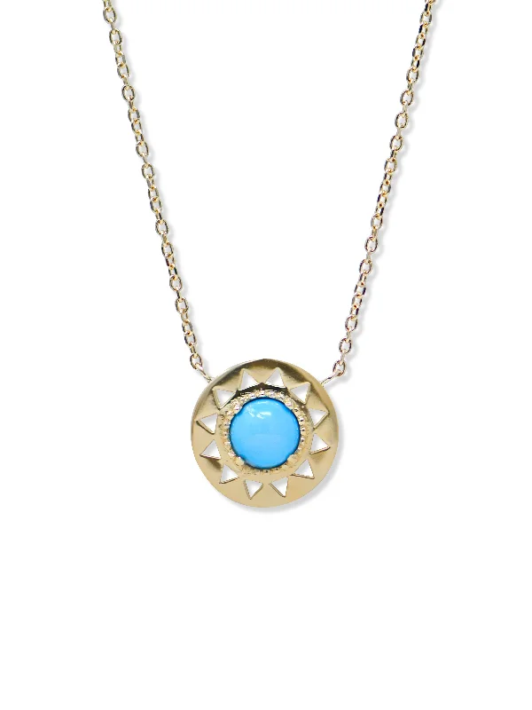 Aztec Mini Disk Necklace | Turquoise Cabochon | 14K Yellow Gold Black Lace Dress
