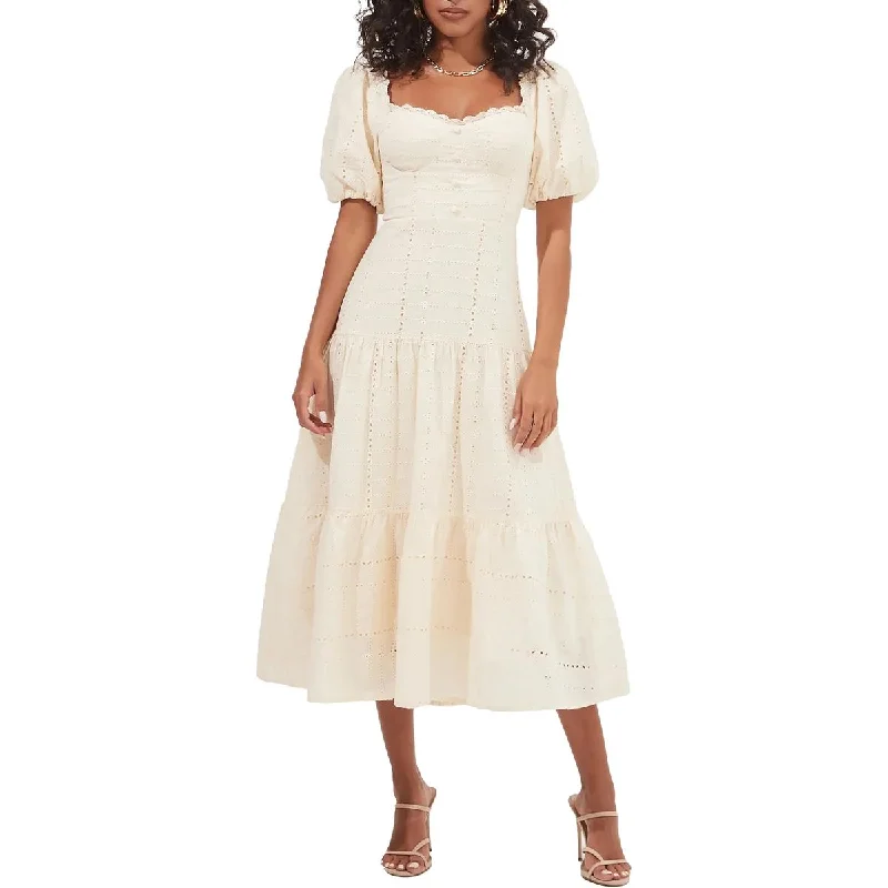 ASTR The Label Baldwin Women's Pointelle Lace Trim Puff Sleeve Ruffled Midi Dress Lace Evening Dress ASTR The Label Baldwin Women's Pointelle Lace Trim Puff Sleeve Ruffled Midi Dress Lace Evening Dress