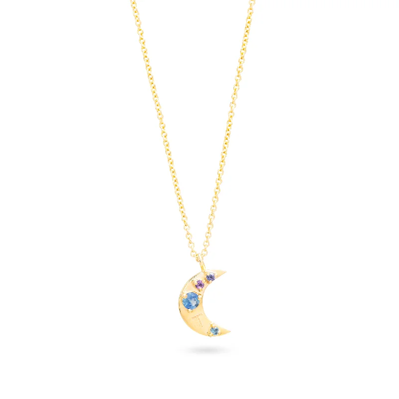 Personalized Crescent Moon Gemstone Necklace | 10K Yellow Gold Lace Dress Style
