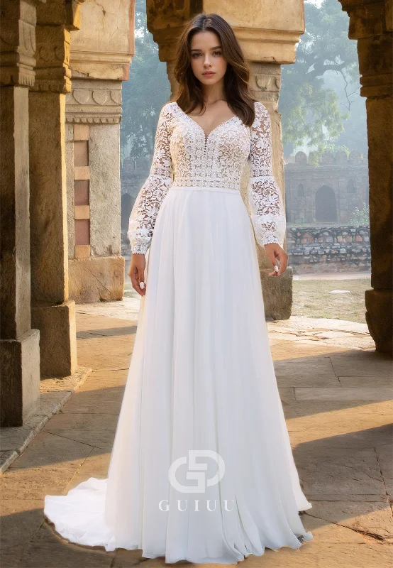 Modern A-Line Long Sleeves V-Neck Empire-Waist Corset Lace Boho Weeding Dress Lace Maxi Dress