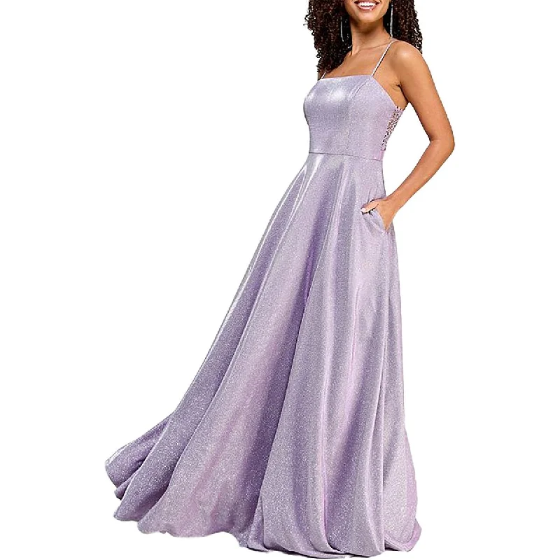 City Studio Womens Juniors Lace-Back Glitter Evening Dress Classic Lace Dress