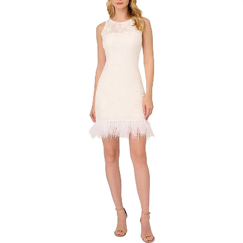 Adrianna Papell Womens Lace Ostrich Feather Mini Dress White Lace Dress