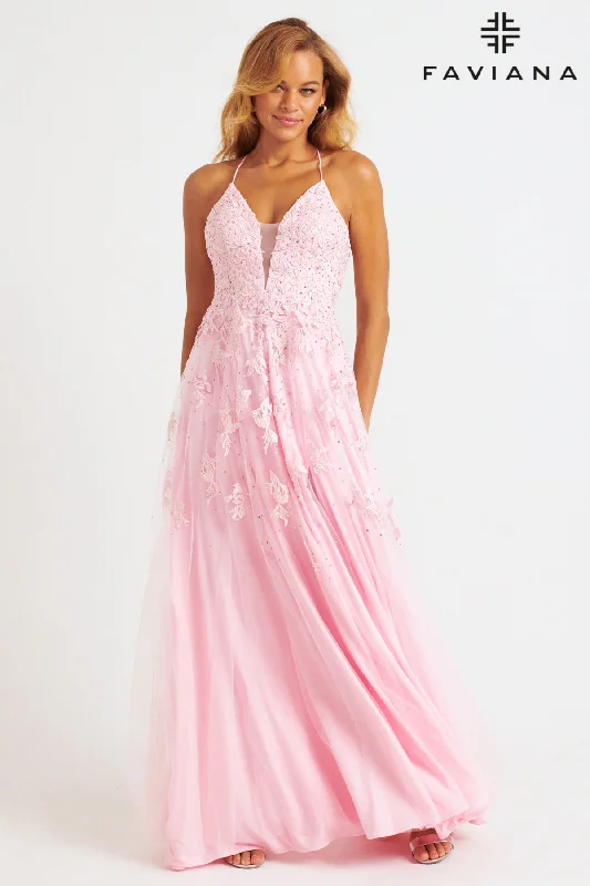 Faviana S10640 Long Lace Deep V Neck Dress With Lace Up Back Lace Wedding Gown