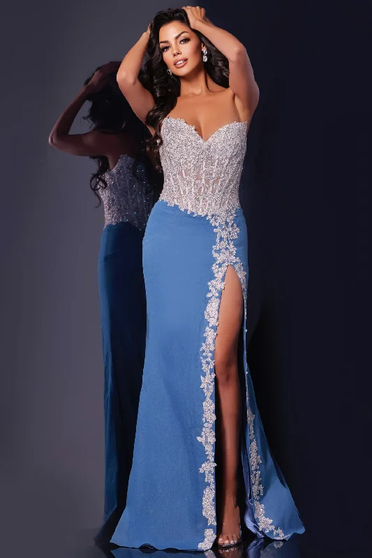 Jovani 43341 Sheer Lace Crystal Corset Denim Prom Dress Strapless Pageant Gown Slit Ruffled Lace Gown