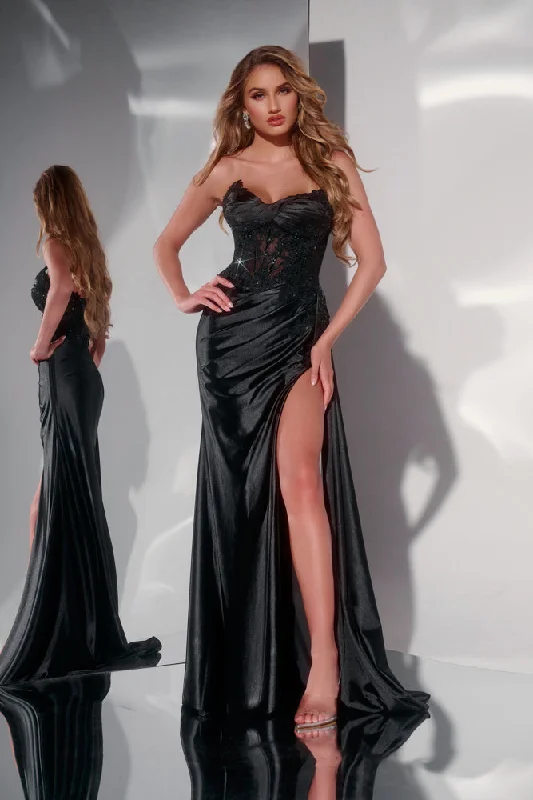 Jovani 43848 Long Satin Sheer Lace Corset Prom Dress Slit Overskirt Formal evening Gown Lace Evening Gown Jovani 43848 Long Satin Sheer Lace Corset Prom Dress Slit Overskirt Formal evening Gown Lace Evening Gown