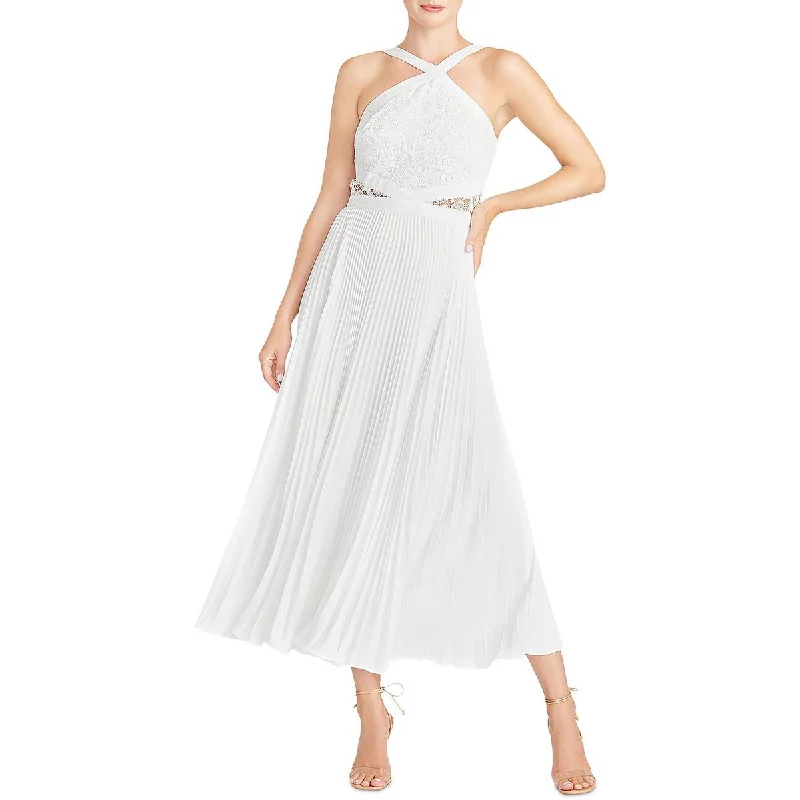 ML Monique Lhuillier Womens Chiffon Lace Overlay Midi Dress Floral Lace Dress