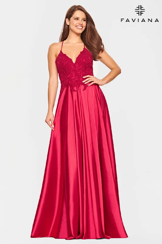 Faviana S10400 Long Flowy Prom Dress With Lace Bustier And Corset Back Lace Fit-and-Flare
