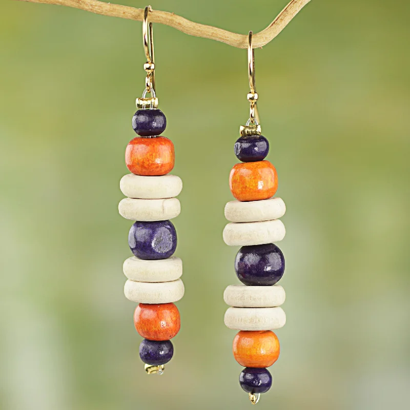 Summer Rain Purple and Orange Sese Wood Dangle Earrings
