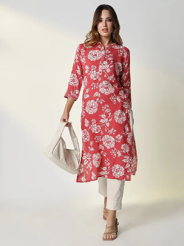 Women Red Floral Straight Kurta