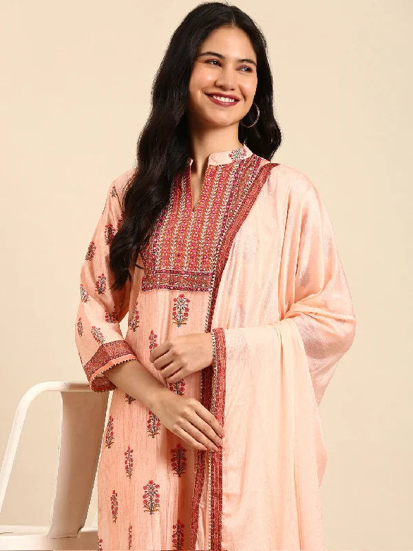 Women Floral Peach Straight Kurta Set with Dupatta