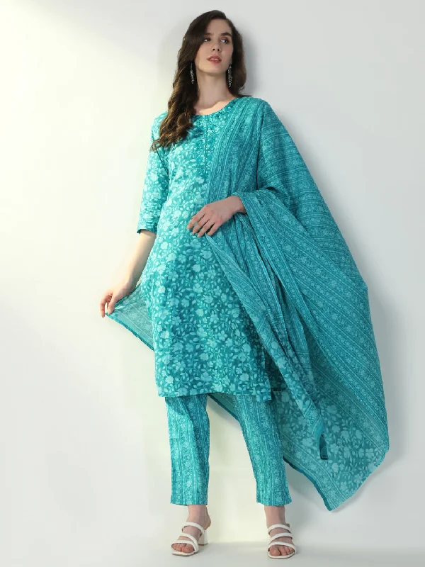 Women Blue Floral Kurta Set with Dupatta