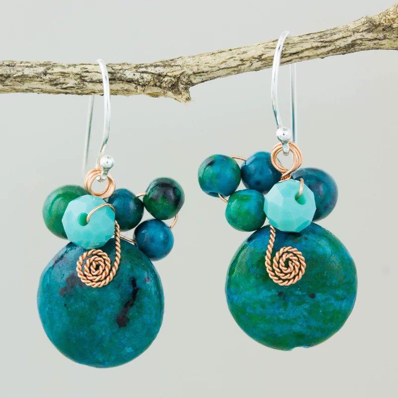 Moonlight Garden in Teal Teal Serpentine and Glass Bead Dangle Earrings with Copper