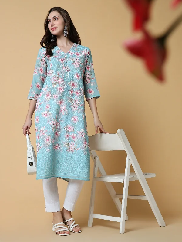 Women Blue Floral Straight Kurta