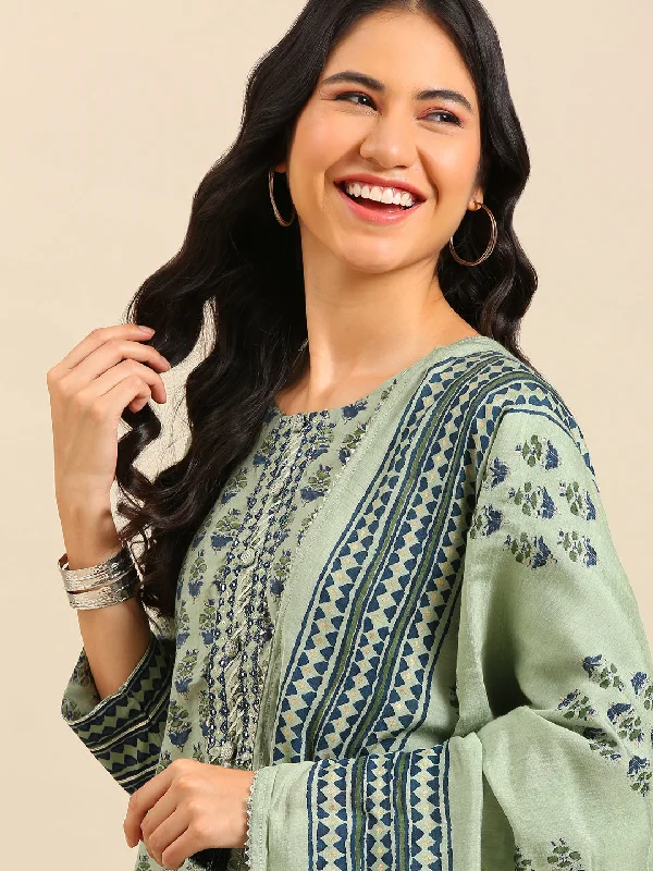 Women Graphic Green Straight Kurta Set with Dupatta