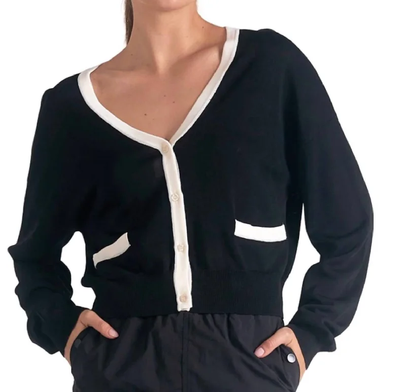 Accent Trimmed Cardigan In Black/white Best sweaters for travel