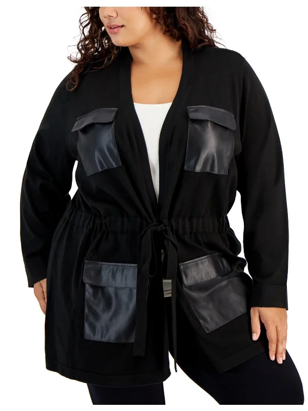 Plus Womens Faux Leather Trim Jacket Cardigan Sweater Turtleneck sweaters