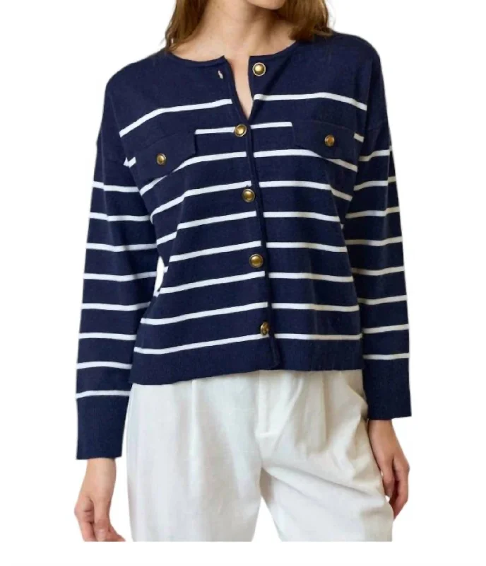 Stripe Cardigan In Navy Softest cashmere sweaters