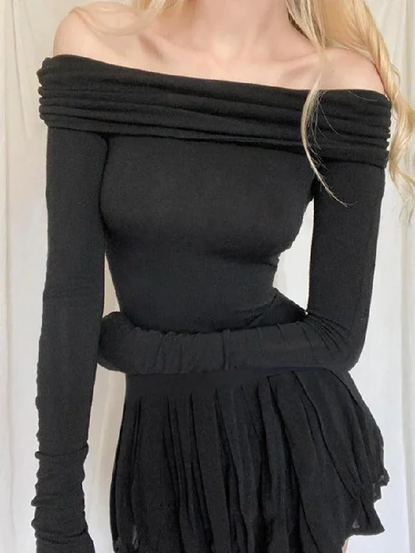 Black Off Shoulder Pleated Slim Mini Dress Discounted mini dresses