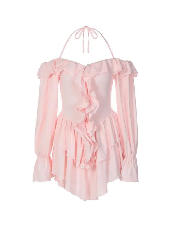 Solid Halter Ruffled Trim Mini Dress Strapless mini dresses