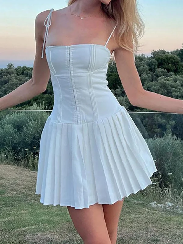 Spaghetti Strap Plain Pintuck Mini A-Line Dress Trendy mini dresses under $50
