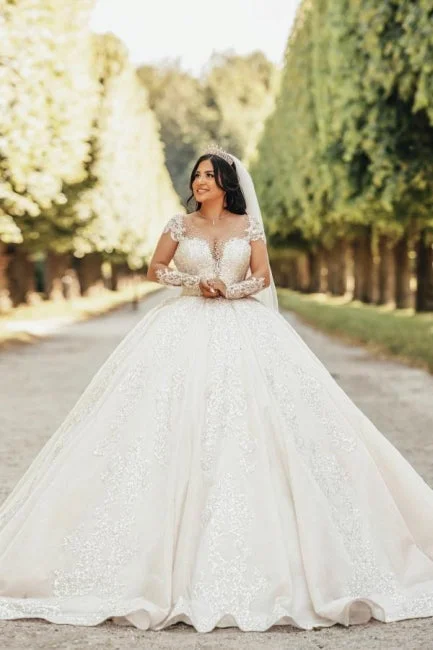 Ball Gown Floor-Length Stain Long Sleeve Appliques Sweetheart Tulle Wedding Dresses with Beadings Soft Lace Gown Ball Gown Floor-Length Stain Long Sleeve Appliques Sweetheart Tulle Wedding Dresses with Beadings Soft Lace Gown