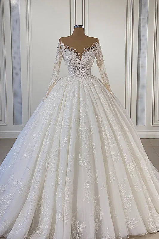Gorgeous Lace Long Sleeve Beads Ball Gown Wedding Dress Lace Train Dress