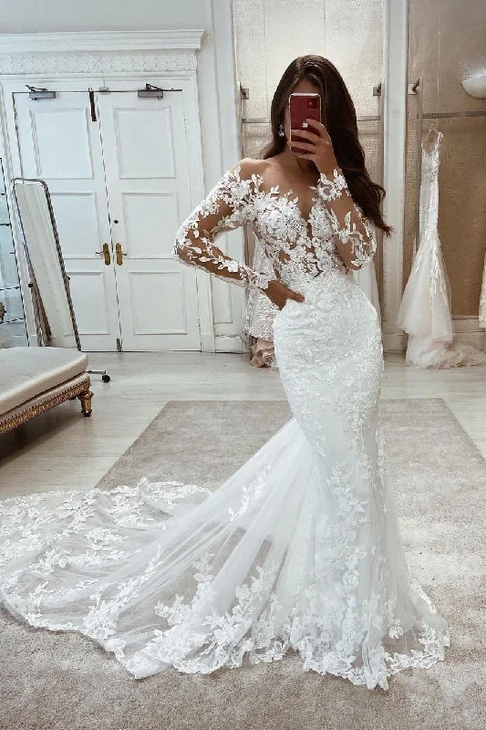 Beautiful Long Mermaid Long Sleeves Lace V-neck Wedding Dress Lace Boho Dress