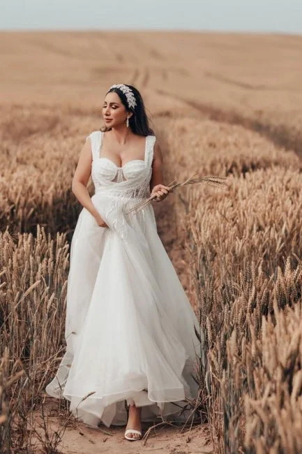 Charming Long White A-line Tulle Sleeveless Wedding Dress with Lace Romantic Lace Dress Charming Long White A-line Tulle Sleeveless Wedding Dress with Lace Romantic Lace Dress