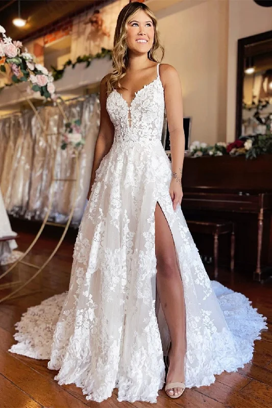 Chic Long A-line Spaghetti Straps Lace Wedding Dress With Slit Lace V-neck Dress