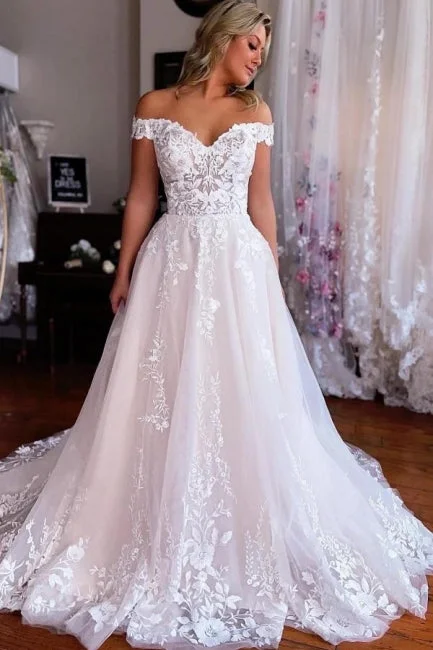 Chic Long White A-line Off-the-shoulder Sleeveless Wedding Dress with Lace A-line Wedding Gown Chic Long White A-line Off-the-shoulder Sleeveless Wedding Dress with Lace A-line Wedding Gown