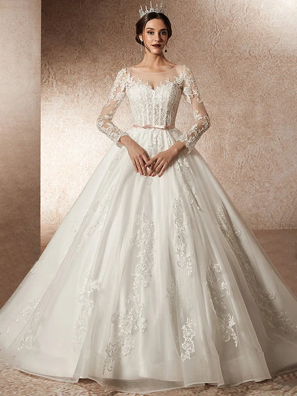 Illusion Long Sleeve Wedding Dresses Soft Satin Bridal