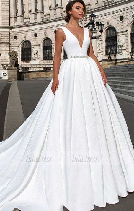 deep v-neck white long wedding dress Full Length Gown