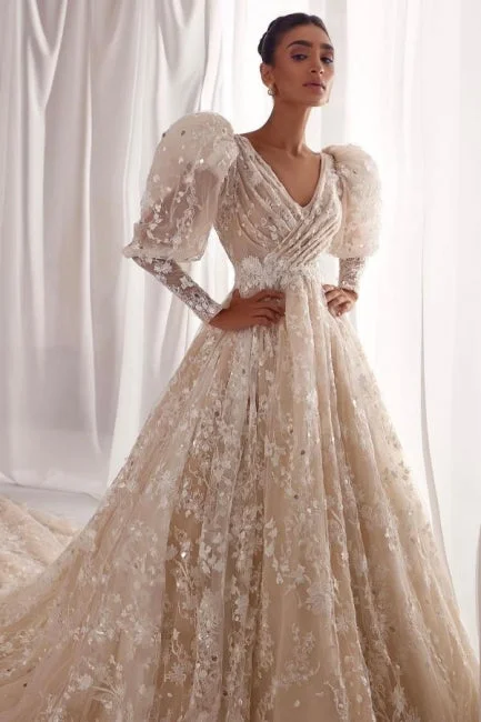 Designer A-Line Tulle Lace V-Neck Long Sleeve Wedding Dress With Appliques Ruffles Wedding Dress Long Designer A-Line Tulle Lace V-Neck Long Sleeve Wedding Dress With Appliques Ruffles Wedding Dress Long