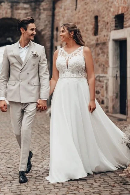 Elegant Long White A-line Lace Chiffon Sleeveless Backless Wedding Dress Empire Waist Dress