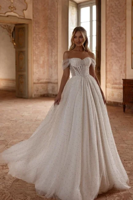 Elegant Long White A-line Off-the-shoulder Tulle Rhinestones Pearls Wedding Dress Simple Wedding Dress Elegant Long White A-line Off-the-shoulder Tulle Rhinestones Pearls Wedding Dress Simple Wedding Dress