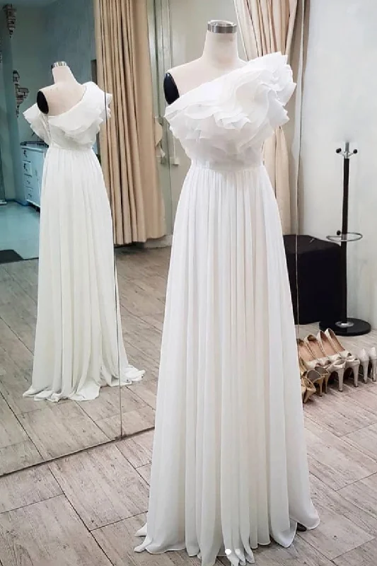 Elegant Ruffles One Shoulder Long Prom Dresses, Chiffon Long Formal Dresses Sexy Satin Gown Elegant Ruffles One Shoulder Long Prom Dresses, Chiffon Long Formal Dresses Sexy Satin Gown