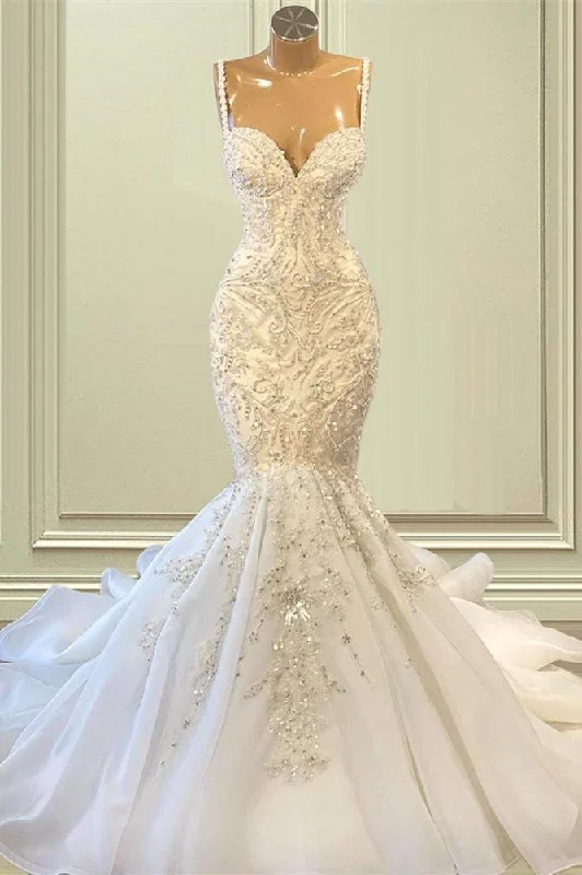 Elegant Sleeveless Sweetheart Lace Mermaid Wedding Dress Silk Bridal Dress