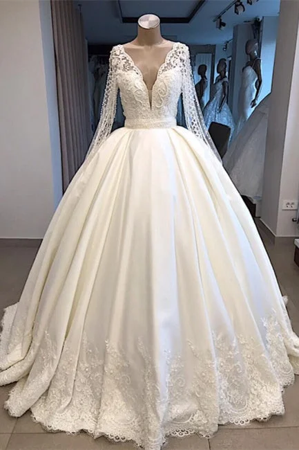 Elegant wedding dress with sleeves Princess wedding dress white Illusion Lace Gown