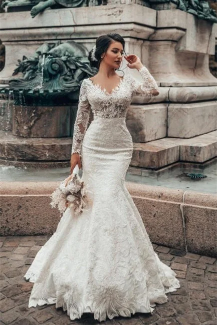 Elegant White Floral Lace Mermaid Spring Wedding Dress Long Sleeves V-Neck Slim Bridal Dresses Simple Satin Gown Elegant White Floral Lace Mermaid Spring Wedding Dress Long Sleeves V-Neck Slim Bridal Dresses Simple Satin Gown