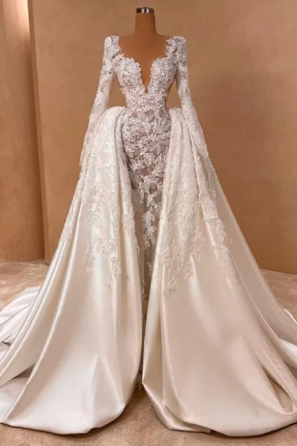 Extravagant Long A-line V-neck Lace Satin Long Sleeves Wedding Dress with Detachable Train Modern Lace Gown Extravagant Long A-line V-neck Lace Satin Long Sleeves Wedding Dress with Detachable Train Modern Lace Gown