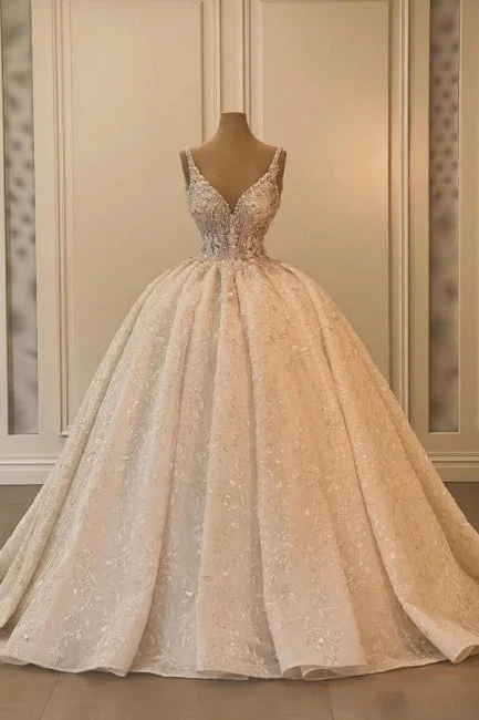 Extravagant Long A-line V-neck Sleeveless Princess Glitter Wedding Dress with Lace Sleeveless Wedding Dress Extravagant Long A-line V-neck Sleeveless Princess Glitter Wedding Dress with Lace Sleeveless Wedding Dress