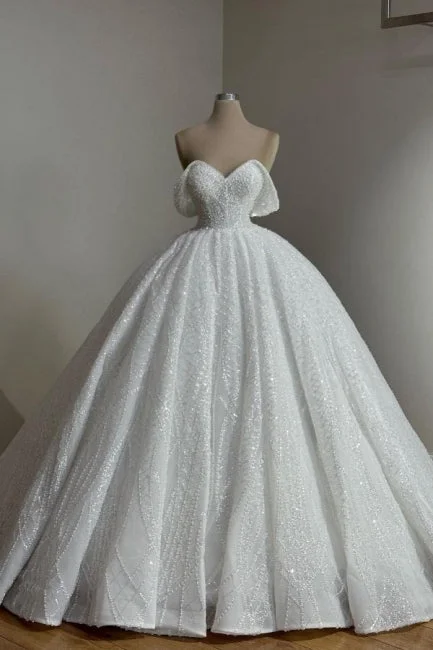 Extravagant Long White A-line Off-the-shoulder Lace Wedding Dress with Pearls Soft Wedding Gown Extravagant Long White A-line Off-the-shoulder Lace Wedding Dress with Pearls Soft Wedding Gown