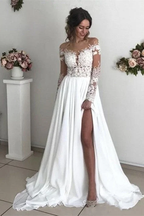 Glamorous Long Sleeve Lace Wedding Dresses | Chiffon Bridal Gowns With Slit Floral Wedding Gown Glamorous Long Sleeve Lace Wedding Dresses | Chiffon Bridal Gowns With Slit Floral Wedding Gown