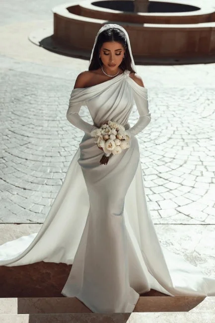 Glamorous one shoulder long sleeves mermaid satin Wedding dress with ruffles Satin Lace Gown Glamorous one shoulder long sleeves mermaid satin Wedding dress with ruffles Satin Lace Gown