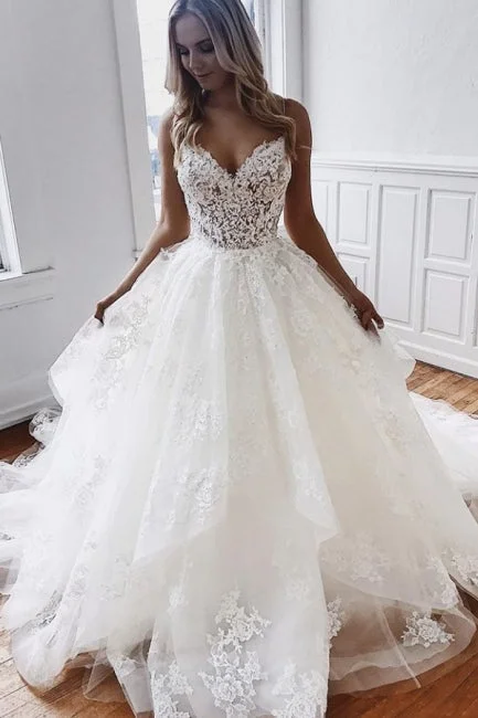 Glamorous Spaghetti-Straps Lace Appliques Tulle A-Line Wedding Dresses Embroidered Wedding Dress Glamorous Spaghetti-Straps Lace Appliques Tulle A-Line Wedding Dresses Embroidered Wedding Dress