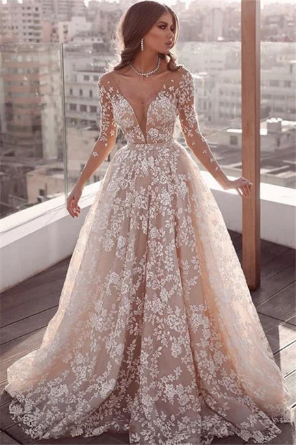 Gorgeous Lace Applique Wedding Dresses | Long Sleeves Floral Bridal Gowns Lace A-line Dress Gorgeous Lace Applique Wedding Dresses | Long Sleeves Floral Bridal Gowns Lace A-line Dress