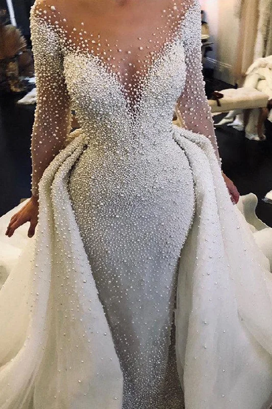 Ivory Long Sleeves Despatchable Train V-neck Button Wedding Dress with Fully coverd Pearls Sleeveless Bridal Gown Ivory Long Sleeves Despatchable Train V-neck Button Wedding Dress with Fully coverd Pearls Sleeveless Bridal Gown