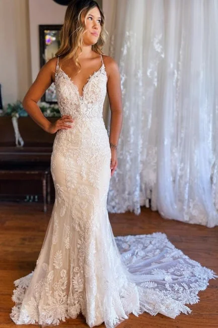 Mermaid Spaghetti Straps V-neck Backless Lace Wedding Dresses Vintage Wedding Gown