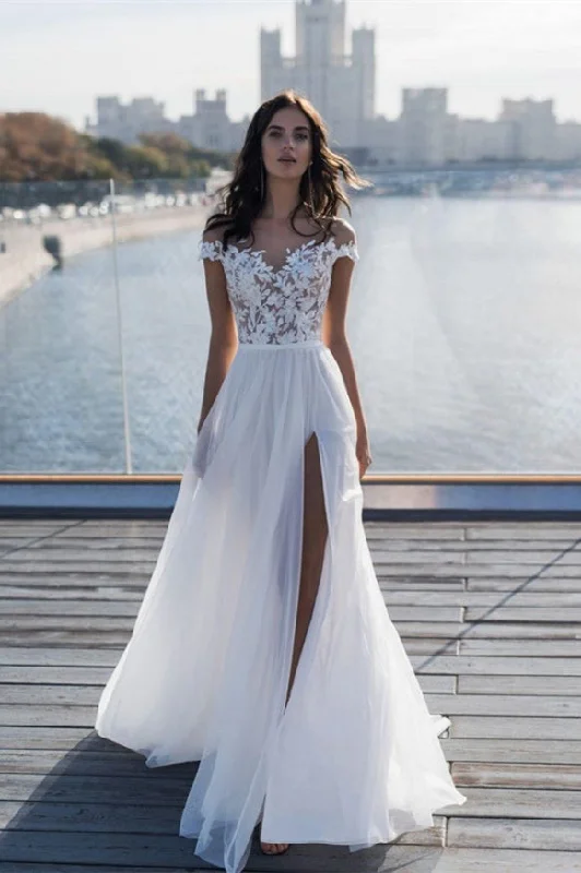 Off The Shoulder Appliques A-line Wedding Dresses | Side Split Tulle Bridal Gowns Chic Wedding Gown Off The Shoulder Appliques A-line Wedding Dresses | Side Split Tulle Bridal Gowns Chic Wedding Gown